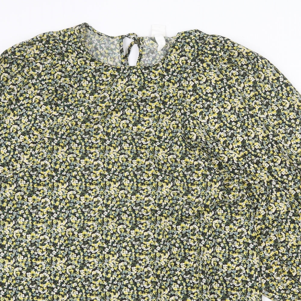 H&M Womens Yellow Floral Polyester A-Line Size M Round Neck Tie