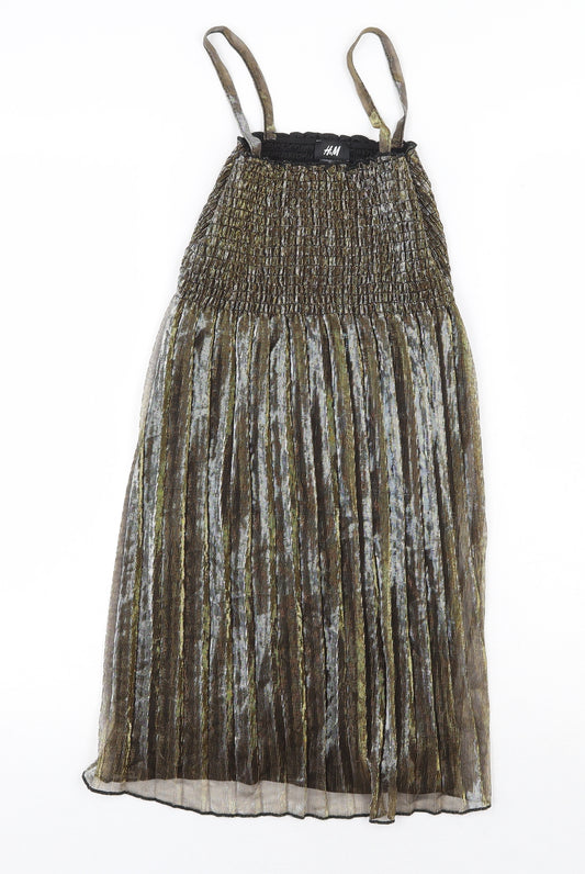 Front view of H&M women’s gold polyester ball gown, size S, square neck pullover