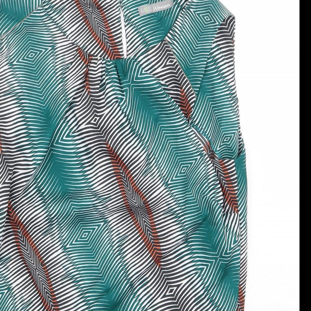 Marks and Spencer Womens Green Geometric Polyester Basic Tank Size 12 Boat Neck