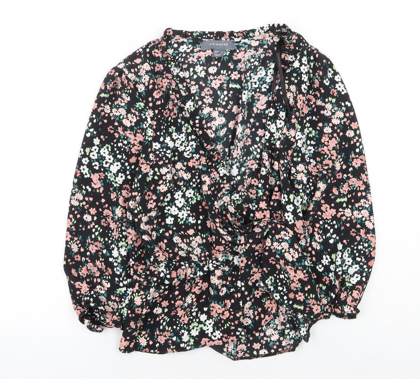 Primark Womens Black Floral Polyester Basic Blouse Size 8 V-Neck