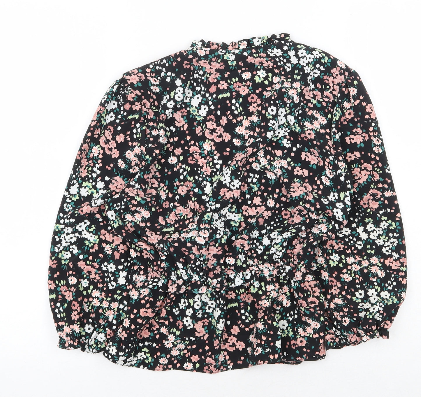 Primark Womens Black Floral Polyester Basic Blouse Size 8 V-Neck