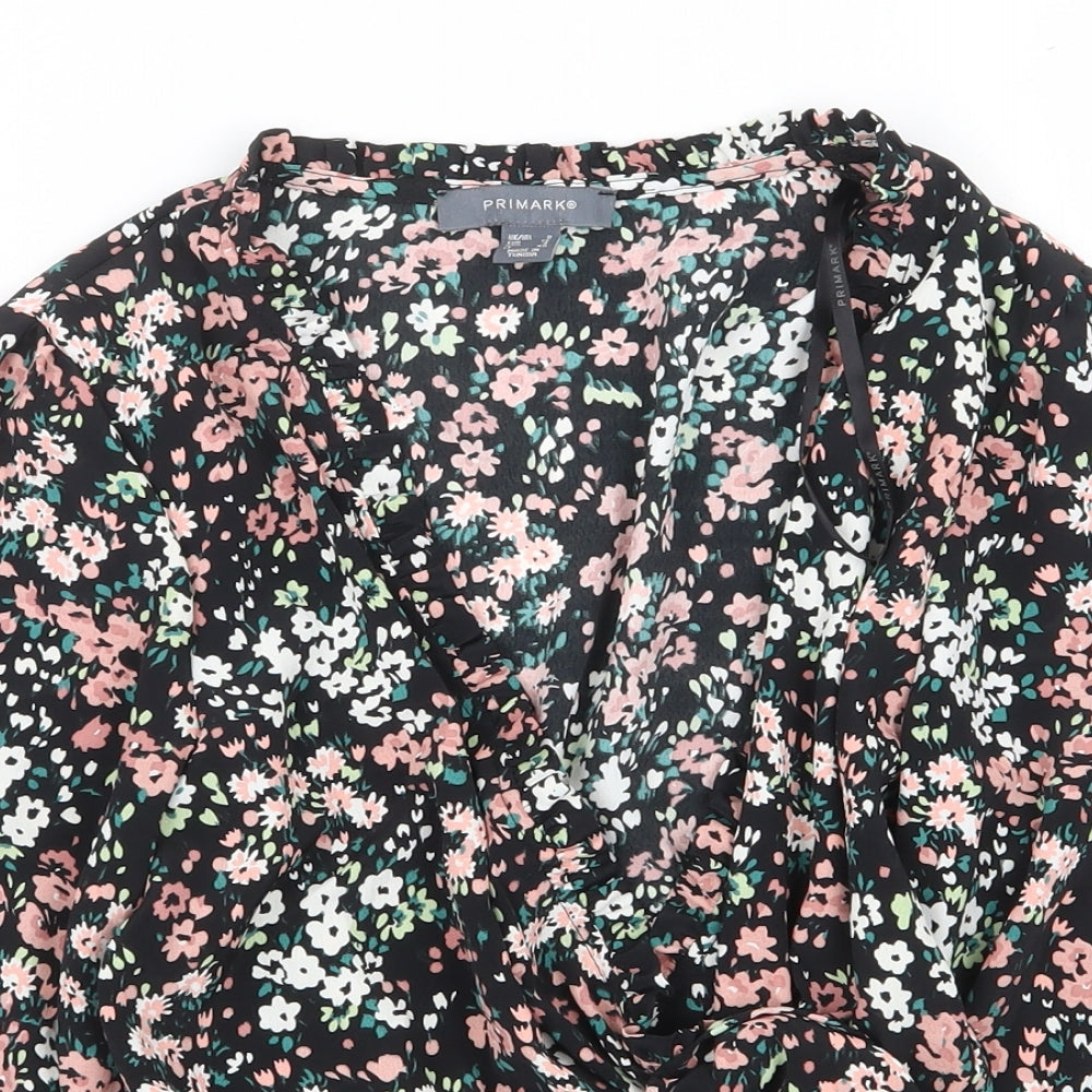 Primark Womens Black Floral Polyester Basic Blouse Size 8 V-Neck