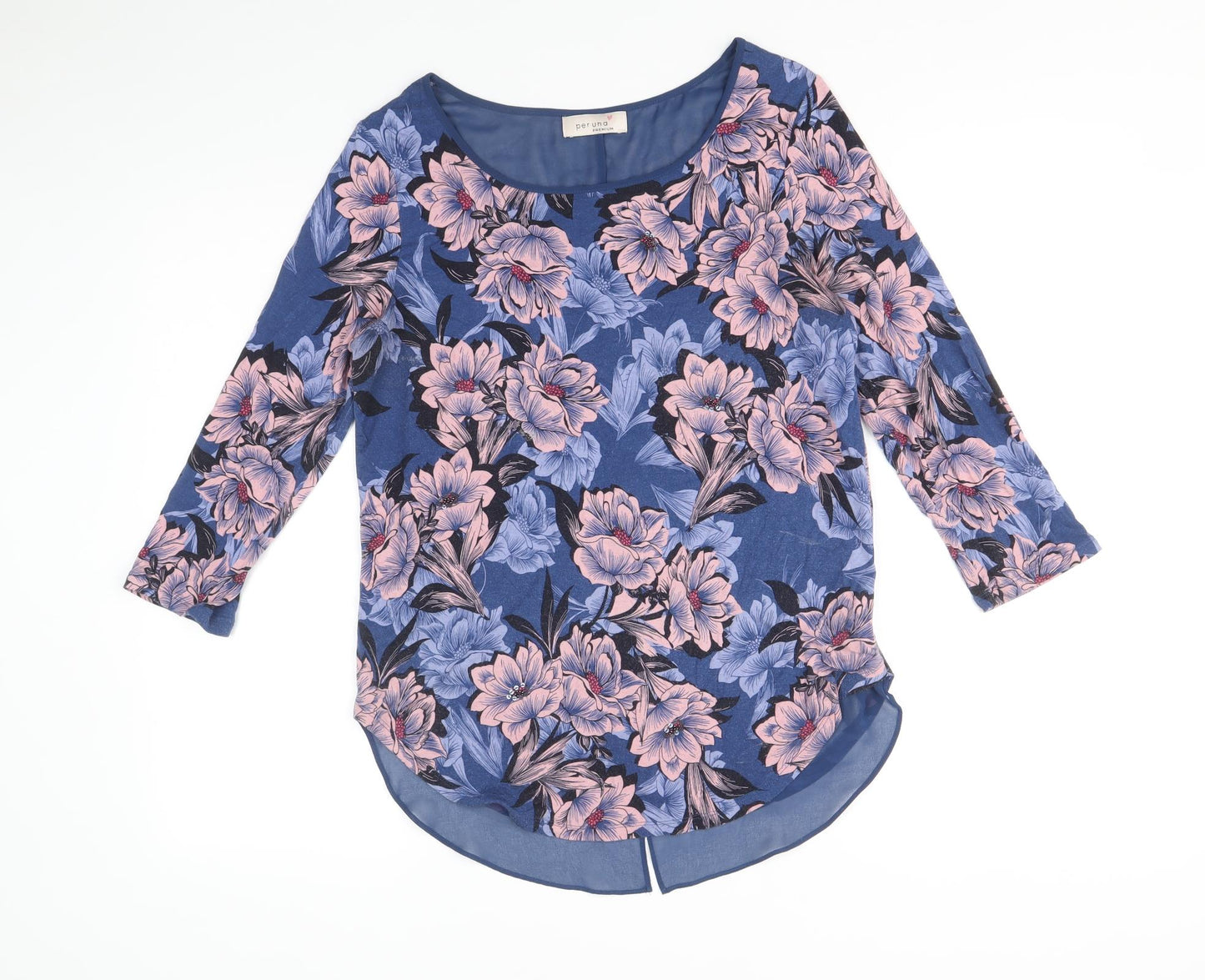 Per Una Womens Blue Floral Viscose Basic Blouse Size 10 Scoop Neck - Chiffon Hem