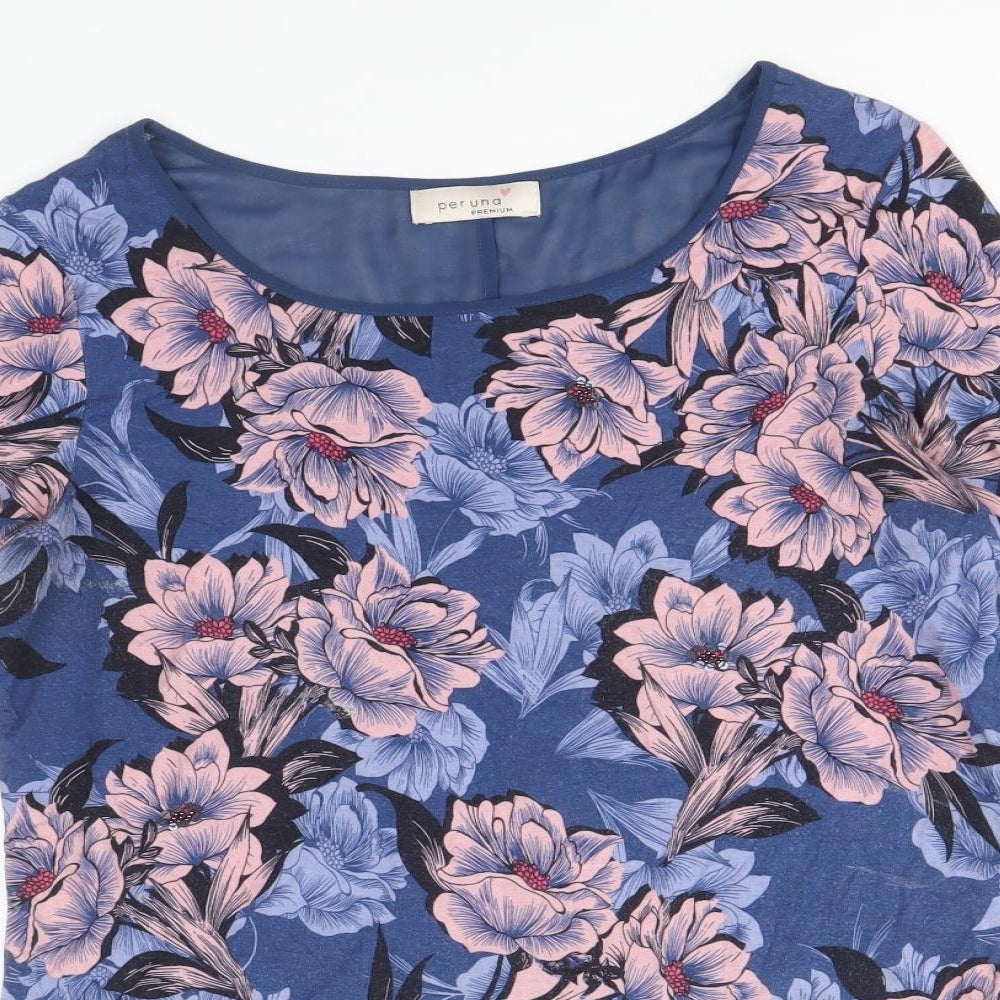 Per Una Womens Blue Floral Viscose Basic Blouse Size 10 Scoop Neck - Chiffon Hem