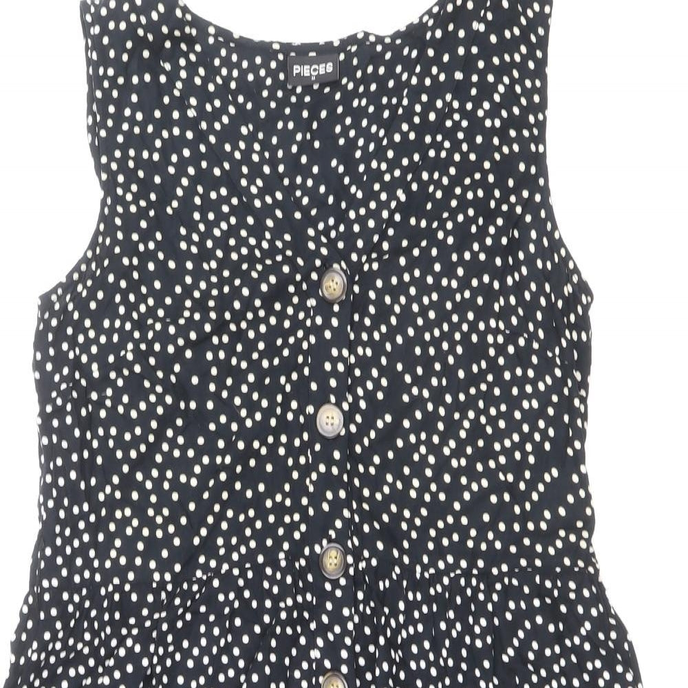 Pieces Womens Black Polka Dot Viscose A-Line Size M V-Neck Button