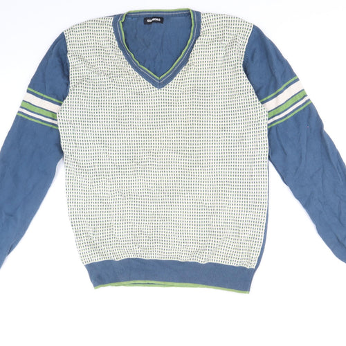 Goodsouls Mens Multicoloured V-Neck Geometric Cotton Pullover Jumper Size S Long Sleeve