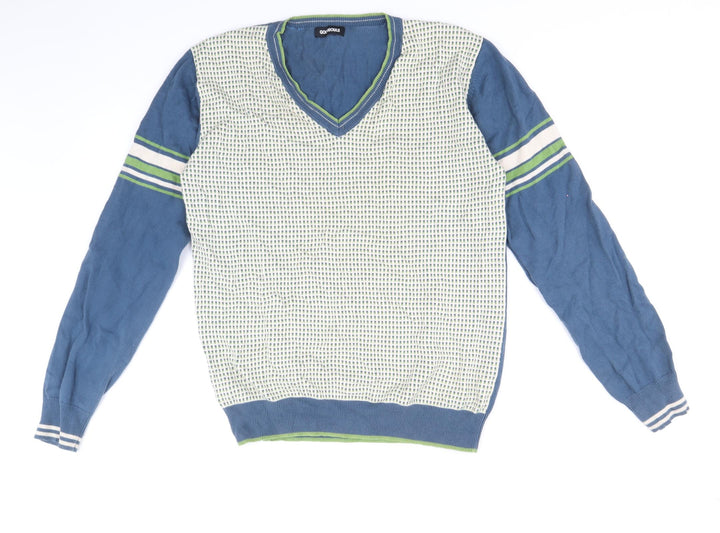 Goodsouls Mens Multicoloured V-Neck Geometric Cotton Pullover Jumper Size S Long Sleeve