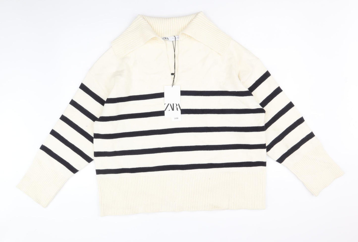 Zara Womens Ivory Collared Striped Viscose Pullover Jumper Size L