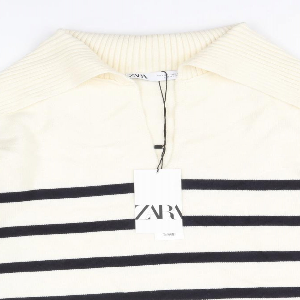 Zara Womens Ivory Collared Striped Viscose Pullover Jumper Size L