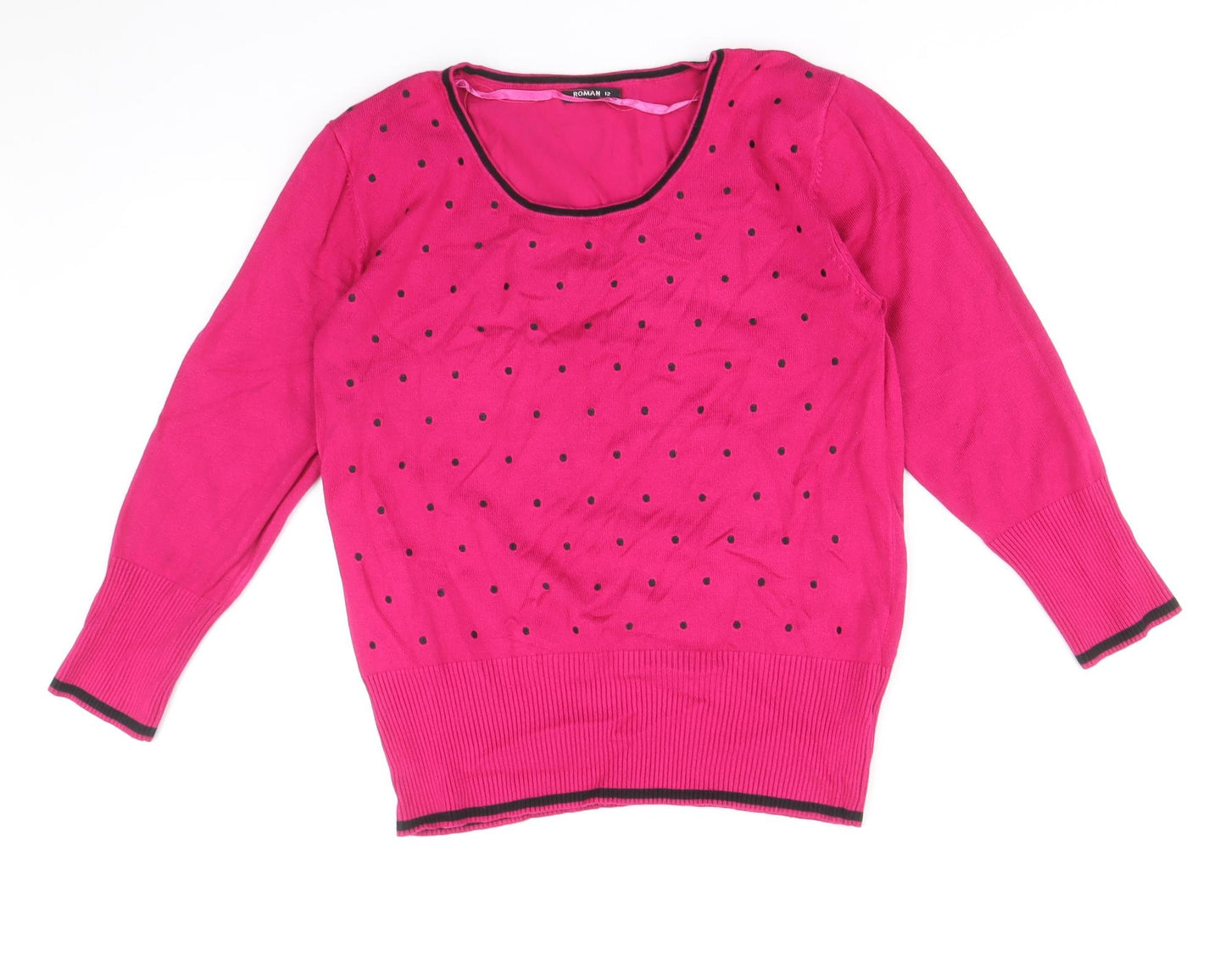 Roman Womens Pink Scoop Neck Polka Dot Viscose Pullover Jumper Size 12