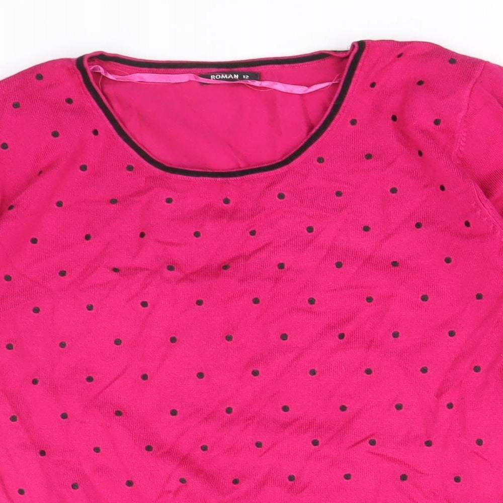 Roman Womens Pink Scoop Neck Polka Dot Viscose Pullover Jumper Size 12