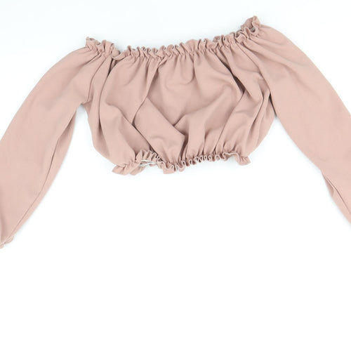 New Look Womens Pink Polyester Cropped Blouse Size 10 Off the Shoulder - Bardot Tie Sleeve Detail