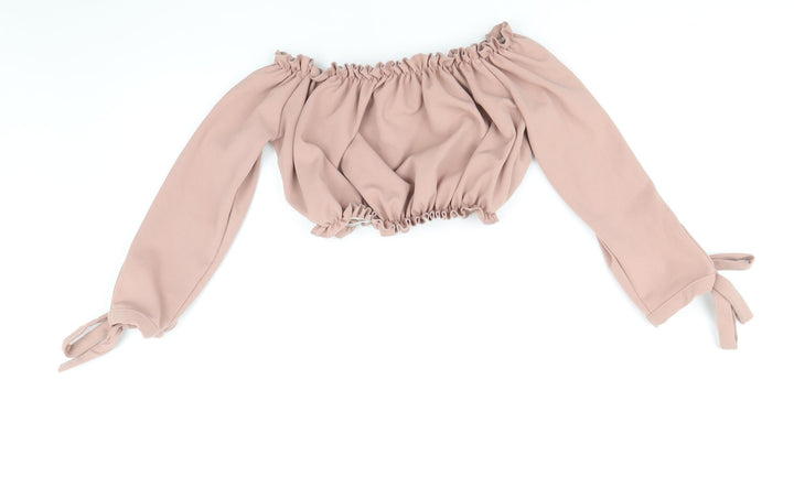 New Look Womens Pink Polyester Cropped Blouse Size 10 Off the Shoulder - Bardot Tie Sleeve Detail