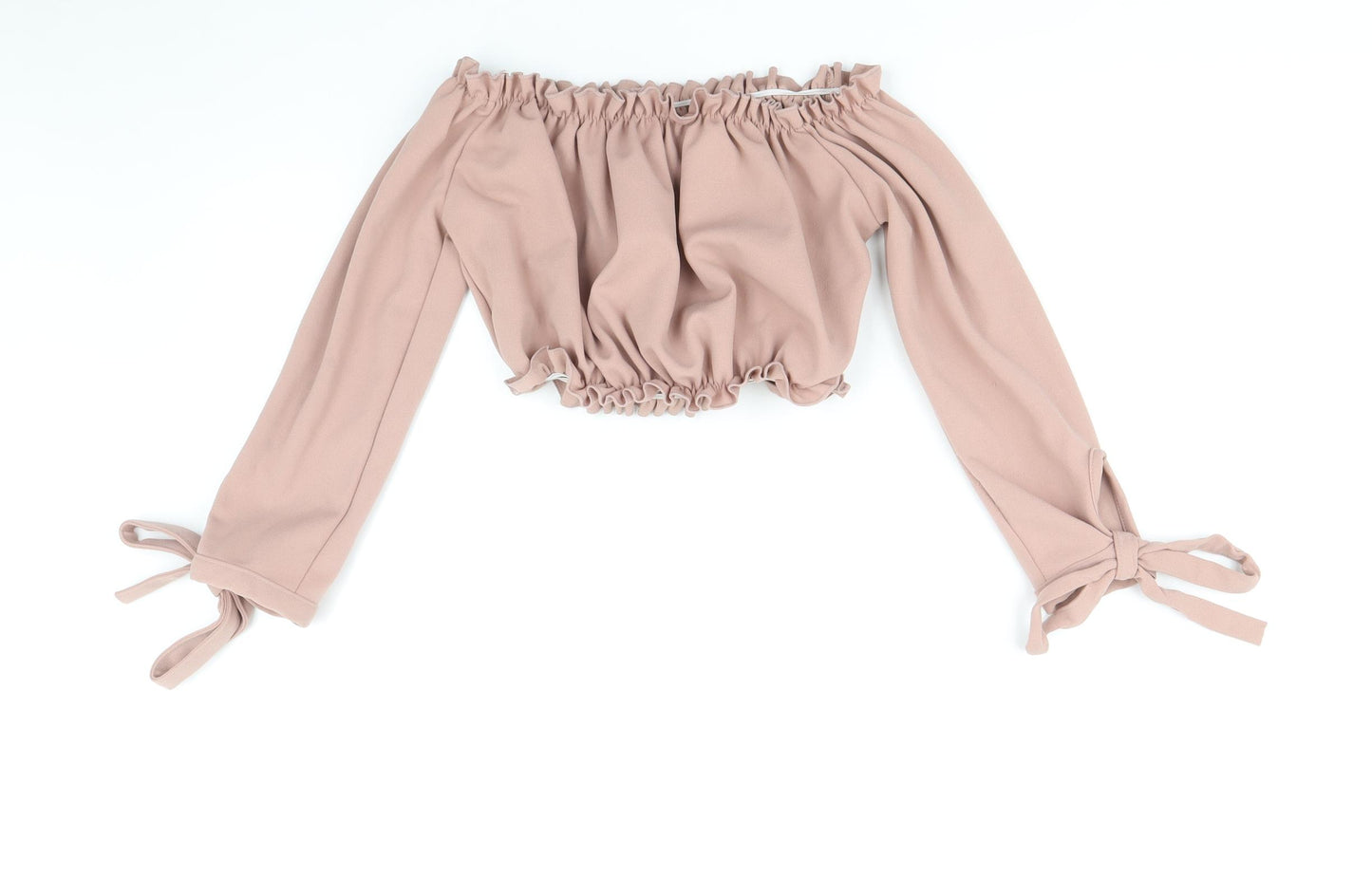 New Look Womens Pink Polyester Cropped Blouse Size 10 Off the Shoulder - Bardot Tie Sleeve Detail
