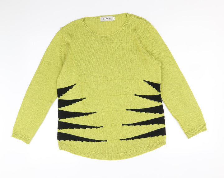 BASSINI Womens Green Scoop Neck Geometric Acrylic Pullover Jumper Size M