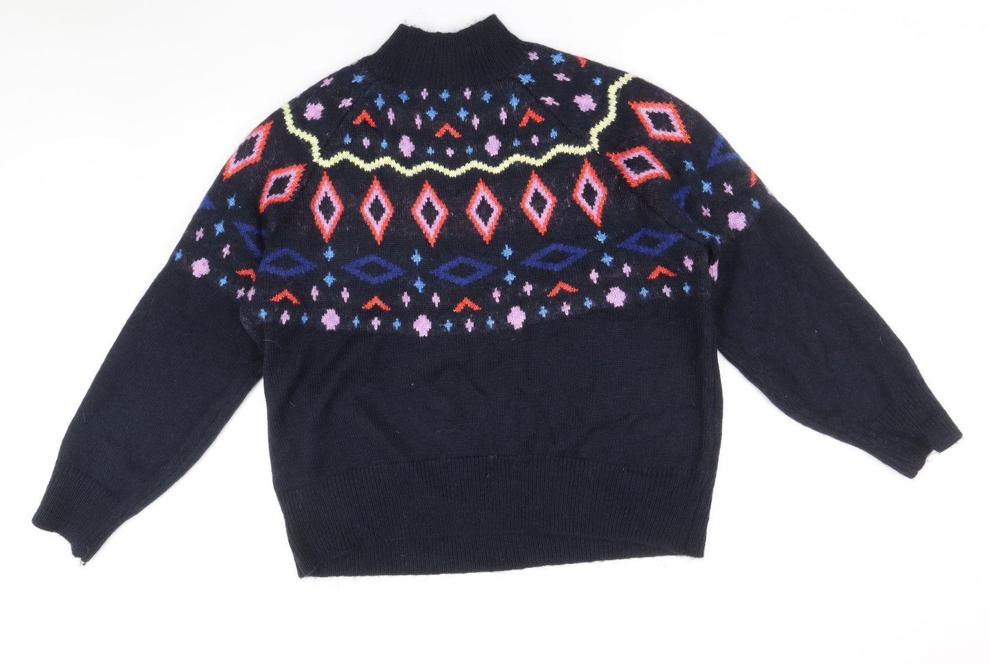 Marks and Spencer Mens Blue Mock Neck Fair Isle Acrylic Pullover Jumper Size L Long Sleeve