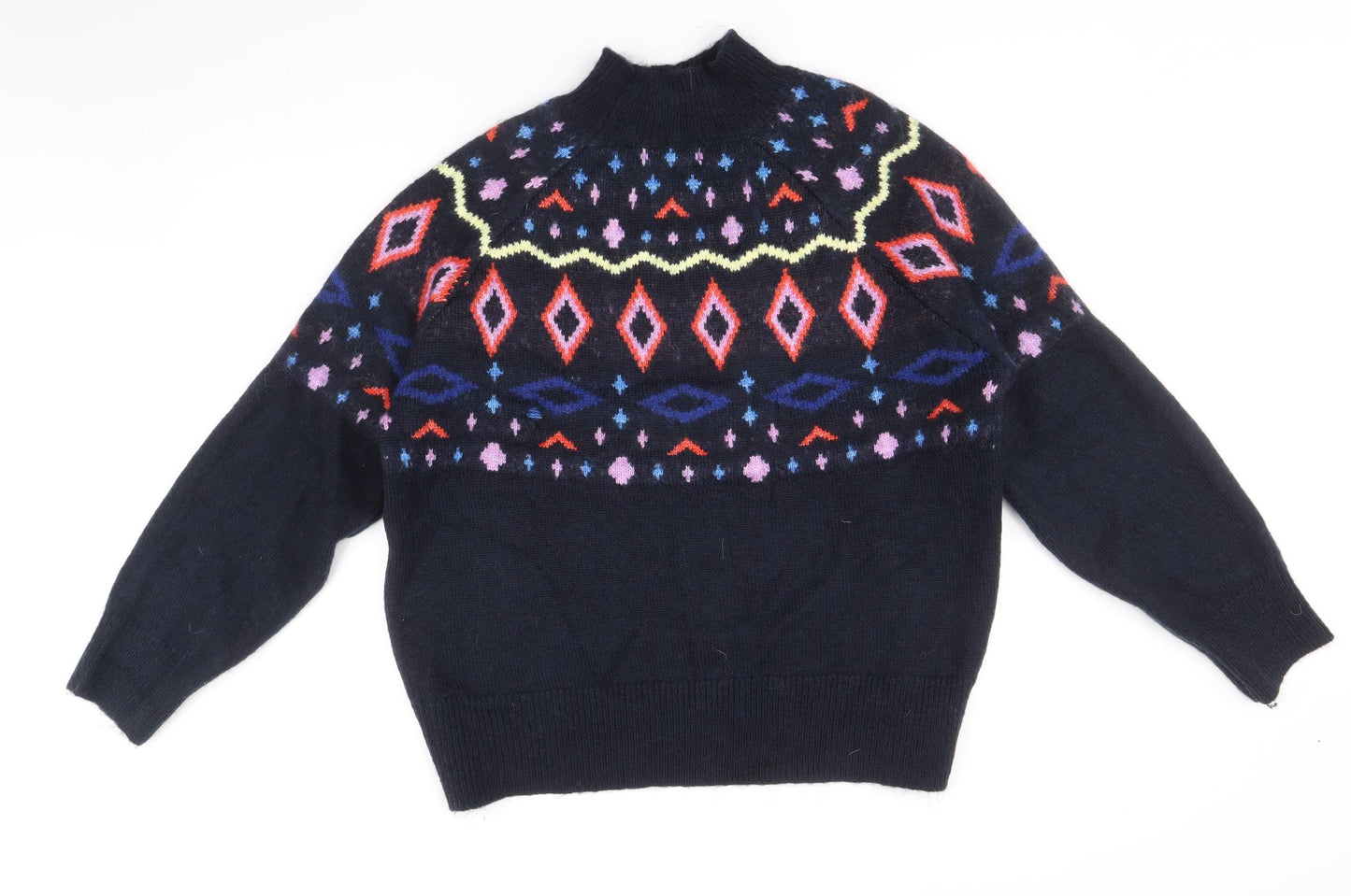 Marks and Spencer Mens Blue Mock Neck Fair Isle Acrylic Pullover Jumper Size L Long Sleeve