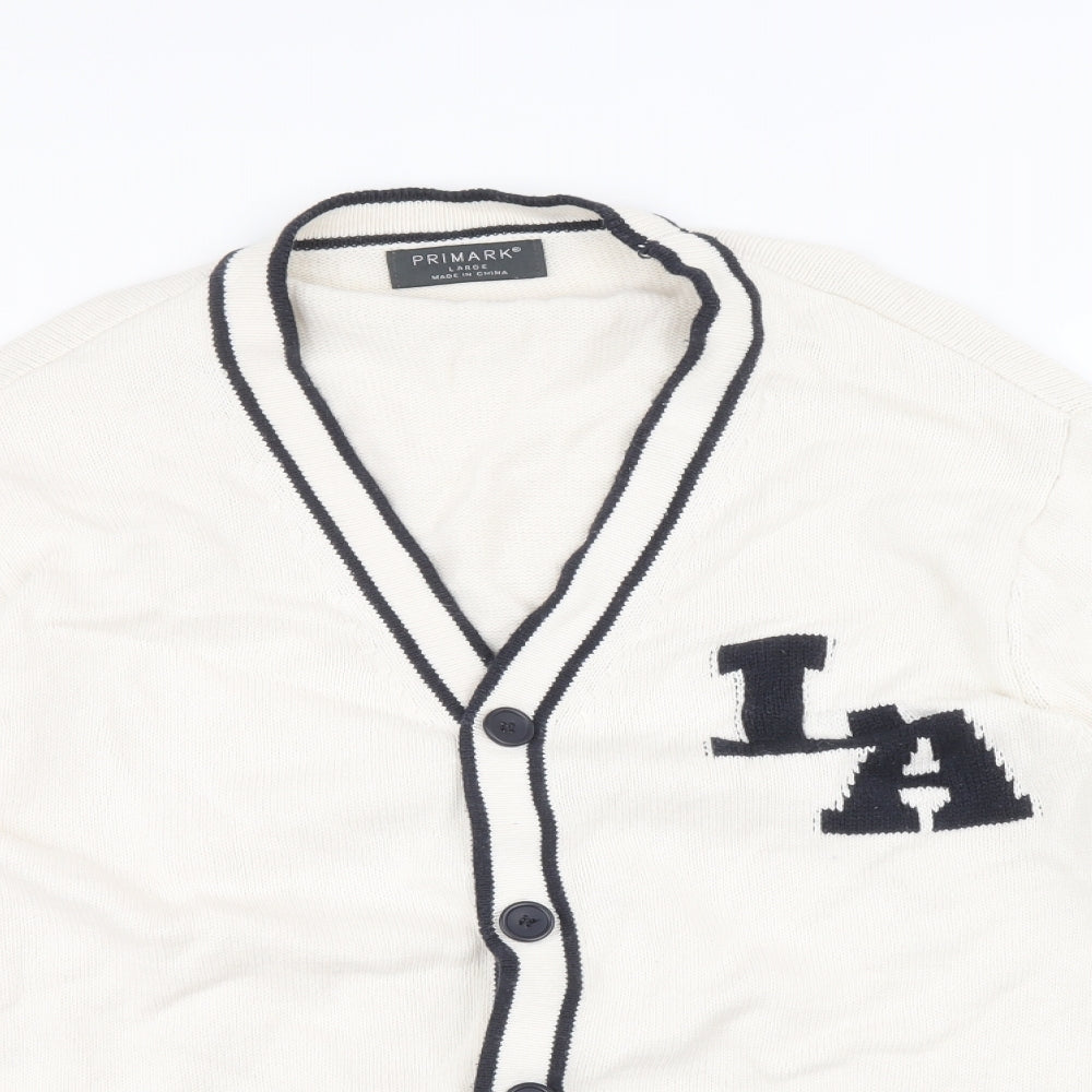 Primark Mens Ivory V-Neck Cotton Cardigan Jumper Size L Long Sleeve
