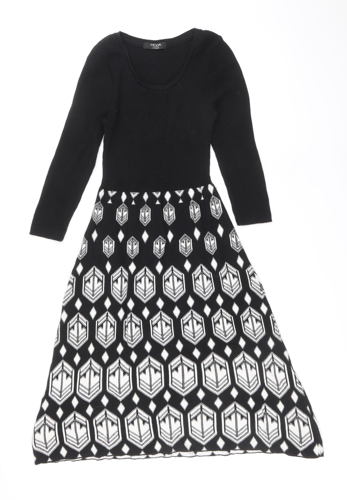 George Womens Black Geometric Cotton Fit & Flare Size 12 Scoop Neck Pullover