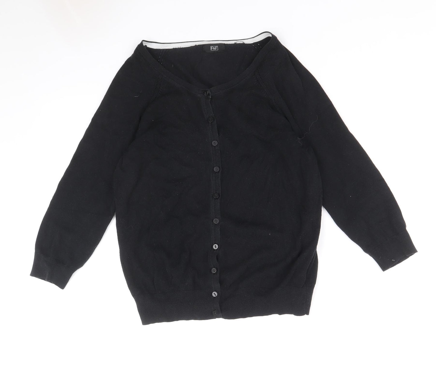 F&F Womens Black Round Neck Cotton Cardigan Jumper Size 10