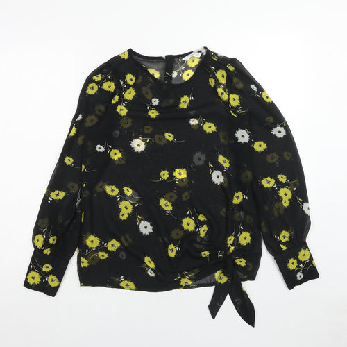 New Look Womens Black Floral Polyester Basic Blouse Size 10 Round Neck - Knot Front