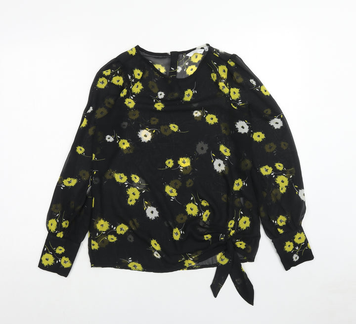 New Look Womens Black Floral Polyester Basic Blouse Size 10 Round Neck - Knot Front