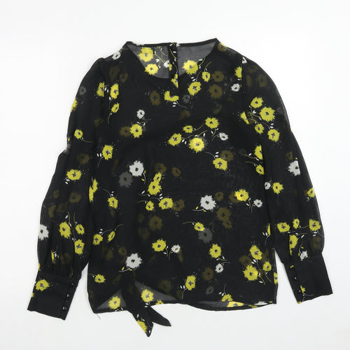 New Look Womens Black Floral Polyester Basic Blouse Size 10 Round Neck - Knot Front