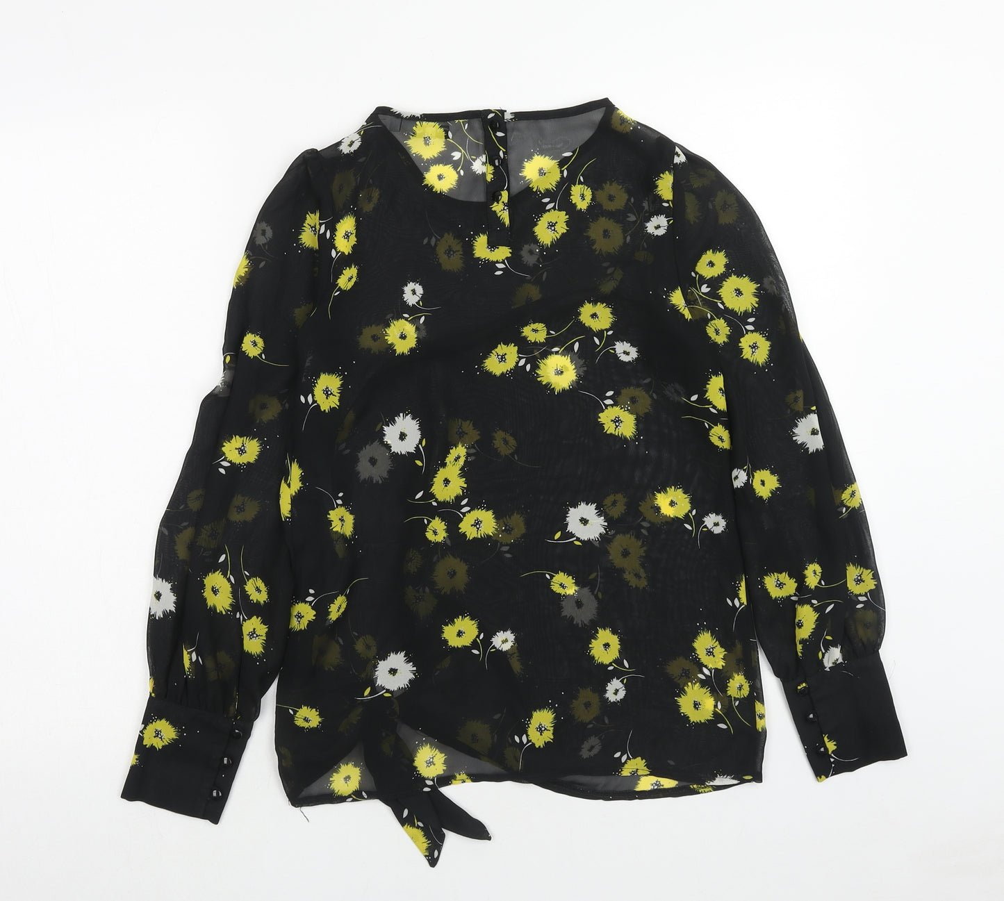 New Look Womens Black Floral Polyester Basic Blouse Size 10 Round Neck - Knot Front