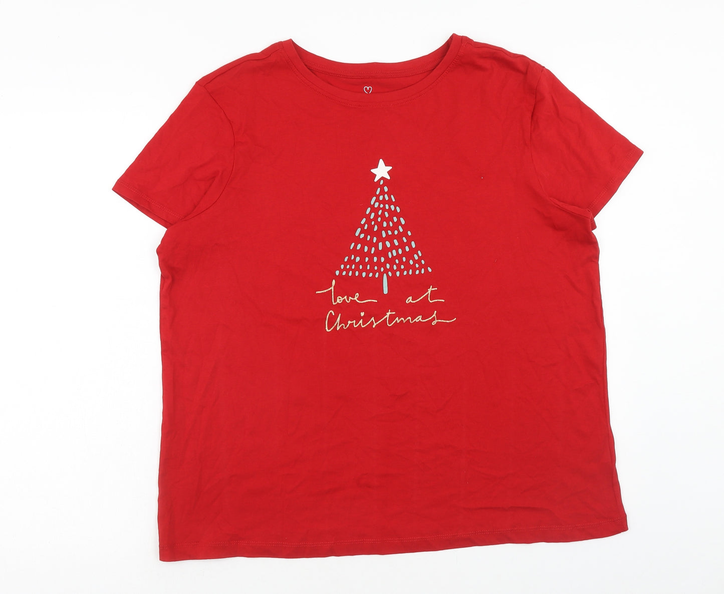 Primark Womens Red Cotton Basic T-Shirt Size XL Scoop Neck - Love at Christmas, Size 18-20
