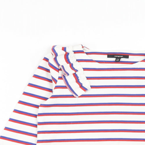 Autograph Girls White Striped Cotton Basic T-Shirt Size 7-8 Years Round Neck Pullover