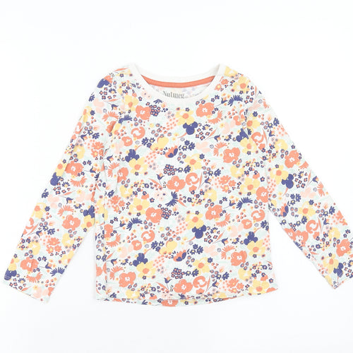 Nutmeg Girls Orange Floral Cotton Basic T-Shirt Size 6-7 Years Round Neck Pullover