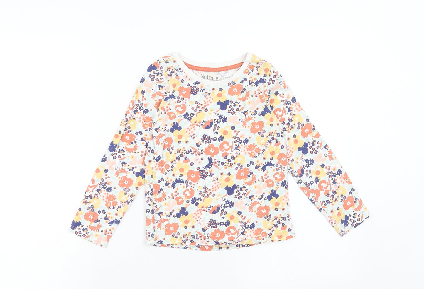 Nutmeg Girls Orange Floral Cotton Basic T-Shirt Size 6-7 Years Round Neck Pullover