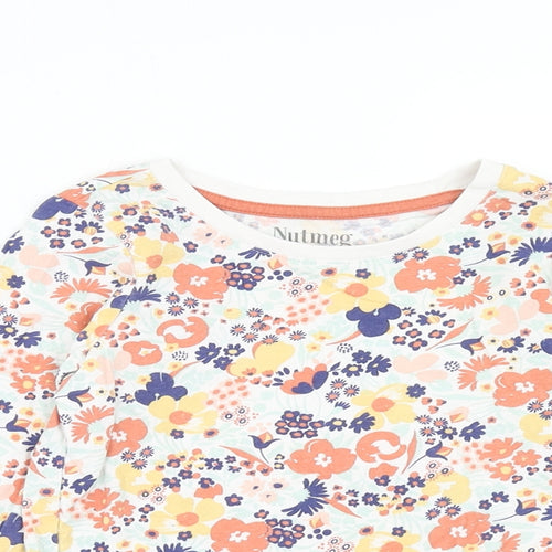 Nutmeg Girls Orange Floral Cotton Basic T-Shirt Size 6-7 Years Round Neck Pullover
