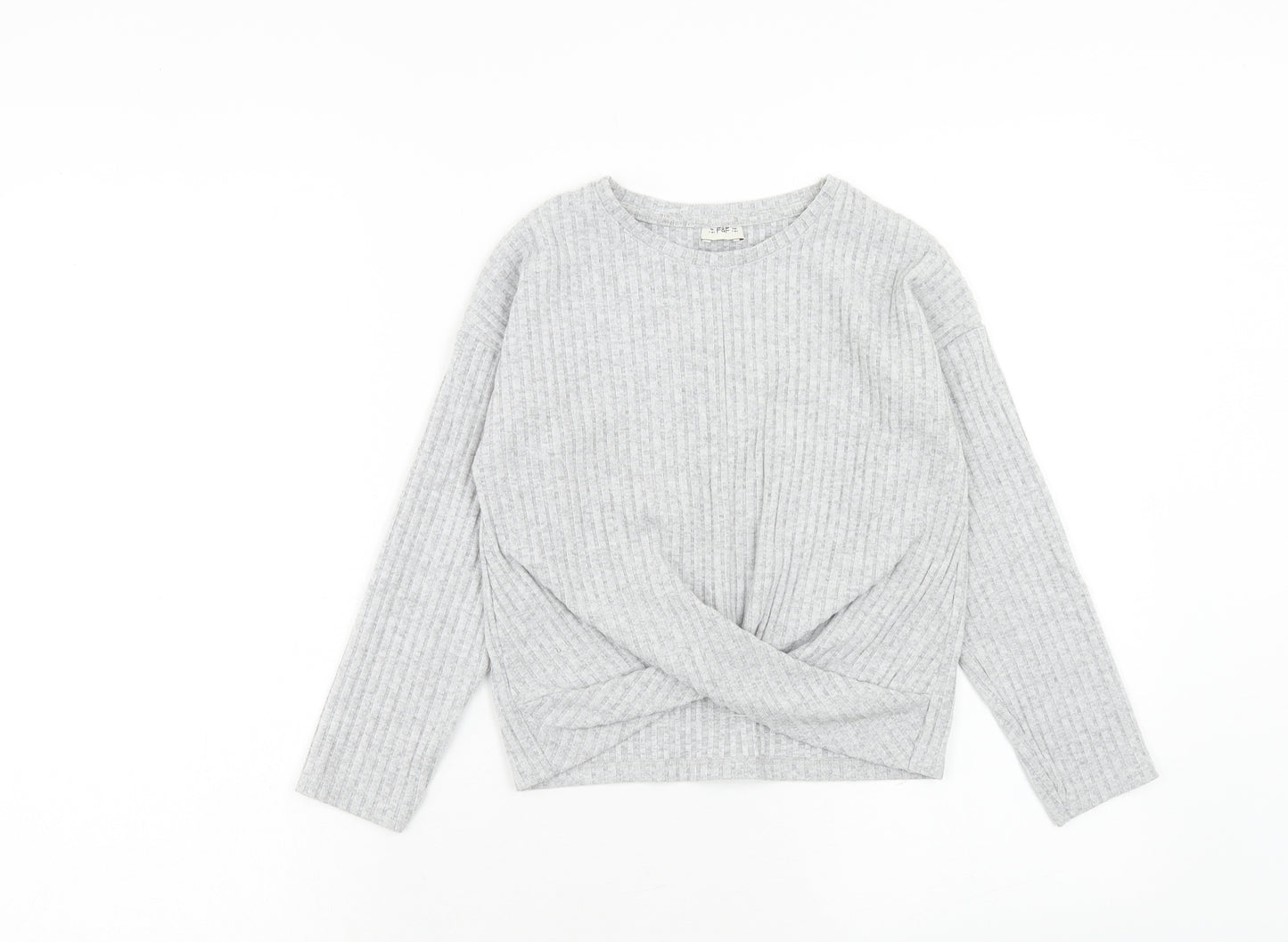 F&F Girls Grey Round Neck Polyester Pullover Jumper Size 7-8 Years Pullover - Twist Detail