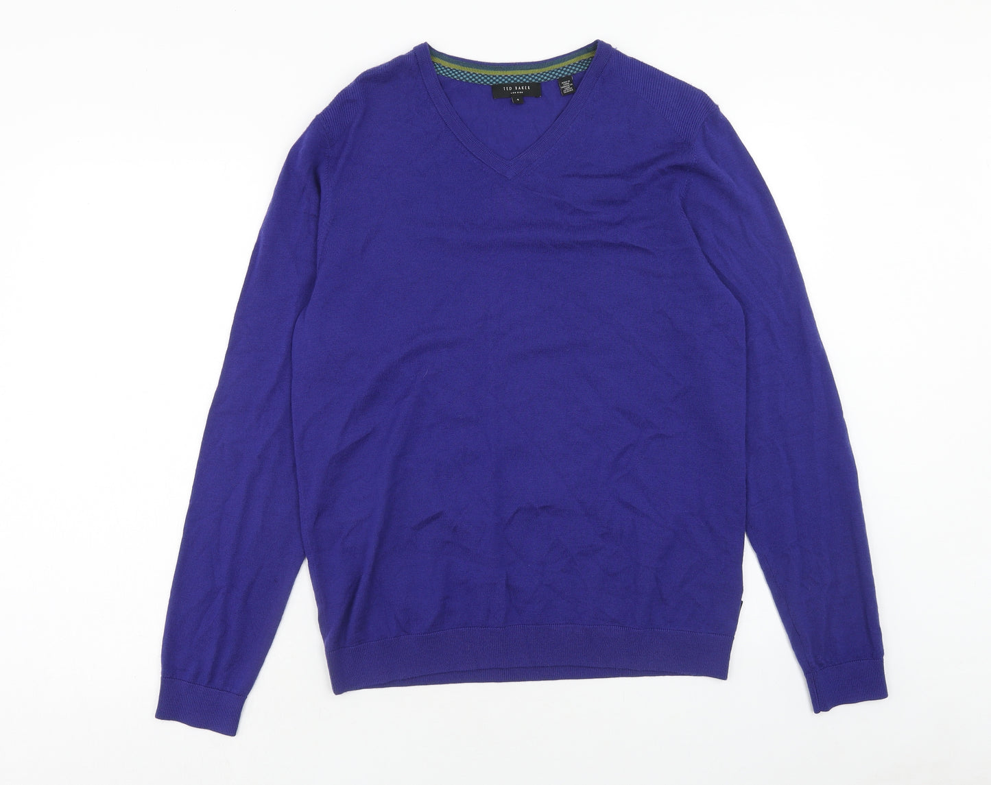 Ted Baker Mens Blue V-Neck Wool Pullover Jumper Size L Long Sleeve
