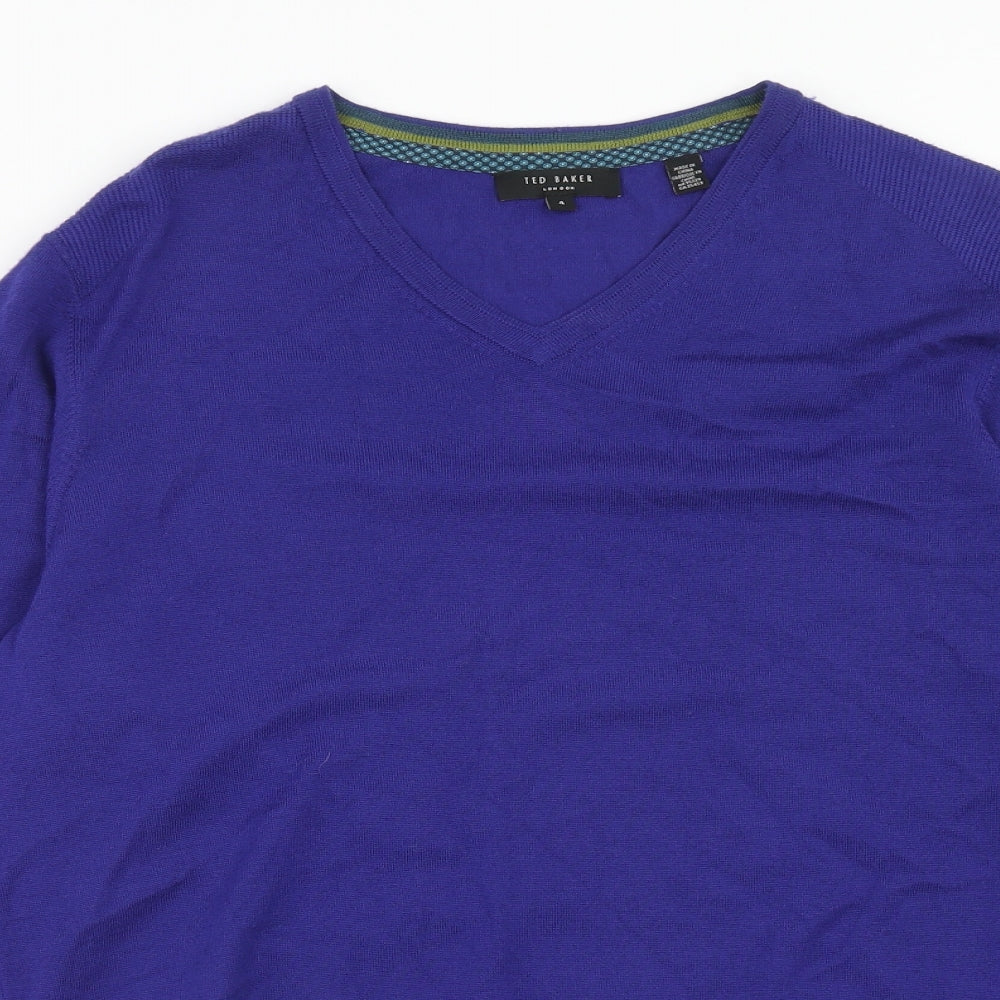 Ted Baker Mens Blue V-Neck Wool Pullover Jumper Size L Long Sleeve