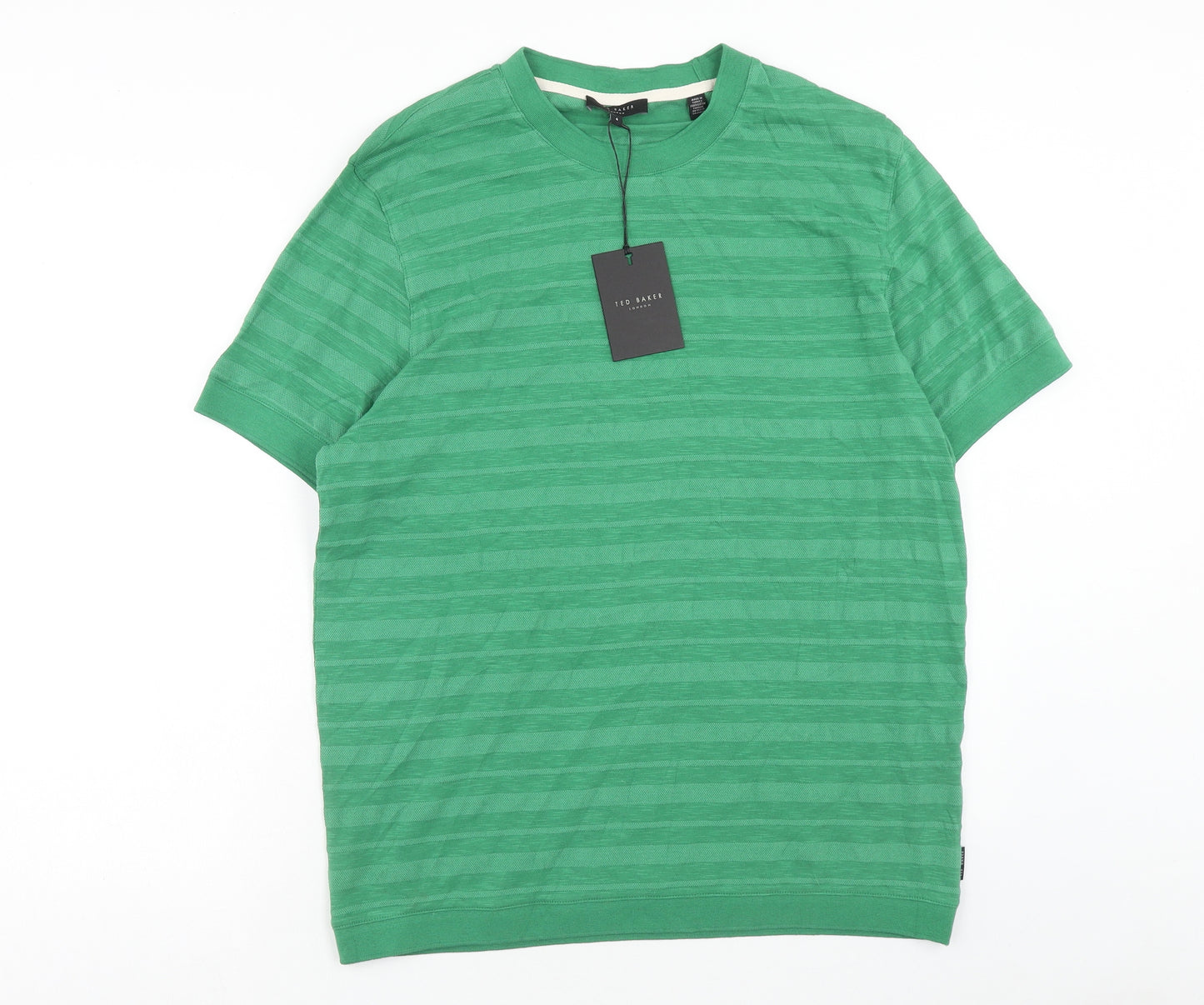 Ted Baker Mens Green Striped Cotton T-Shirt Size L Round Neck