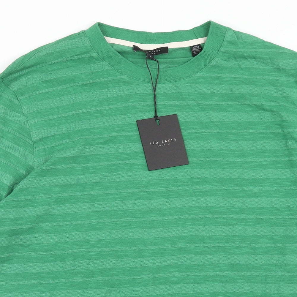 Ted Baker Mens Green Striped Cotton T-Shirt Size L Round Neck