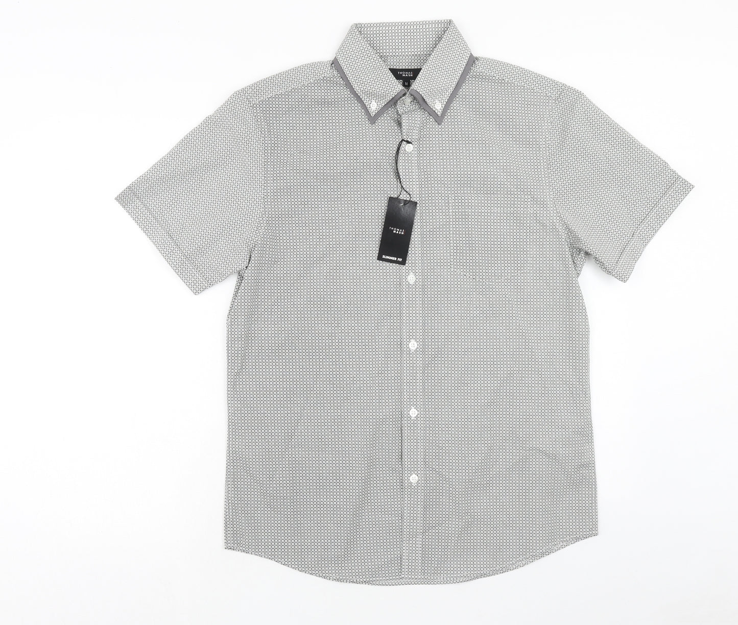 Thomas Nash Mens Black Geometric Polyester Dress Shirt Size M Collared Button