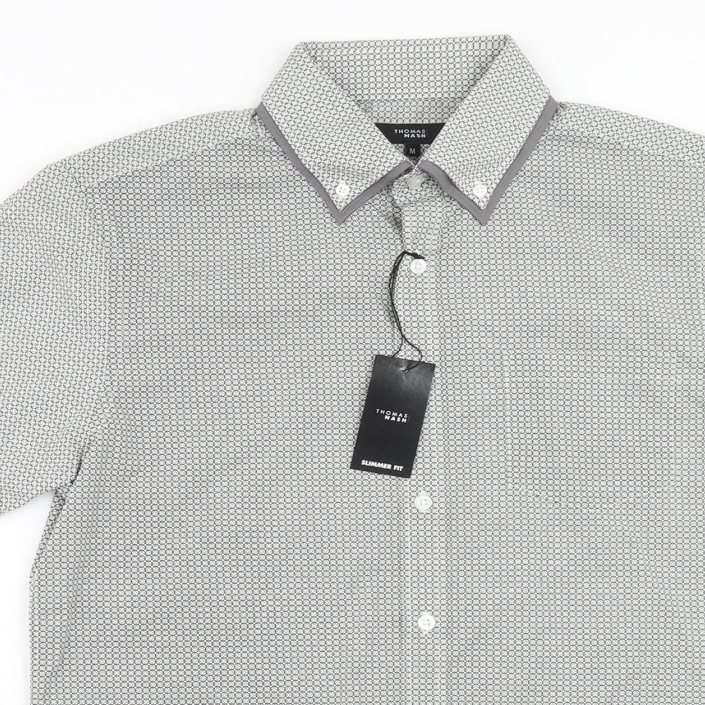 Thomas Nash Mens Black Geometric Polyester Dress Shirt Size M Collared Button