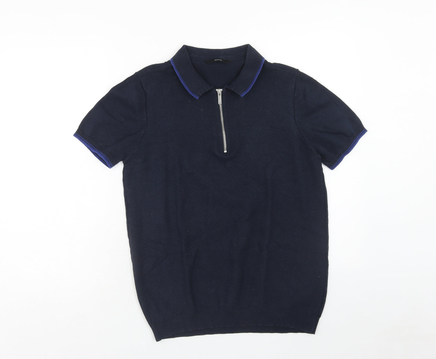 George Mens Blue Cotton Polo Size S Collared Zip