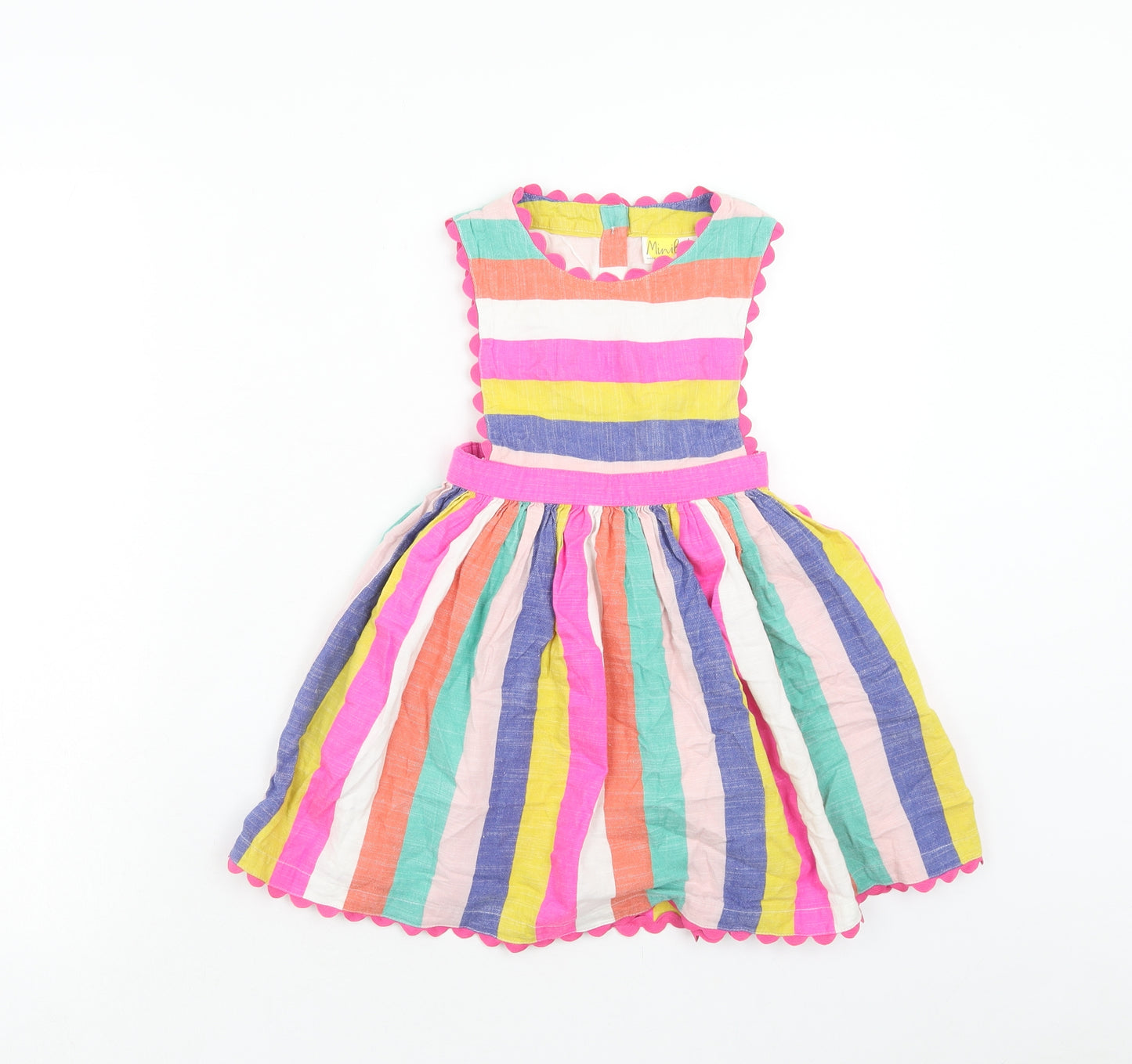 Mini Boden Girls Multicoloured Striped Cotton Skater Dress Size 4-5 Years Round Neck Button