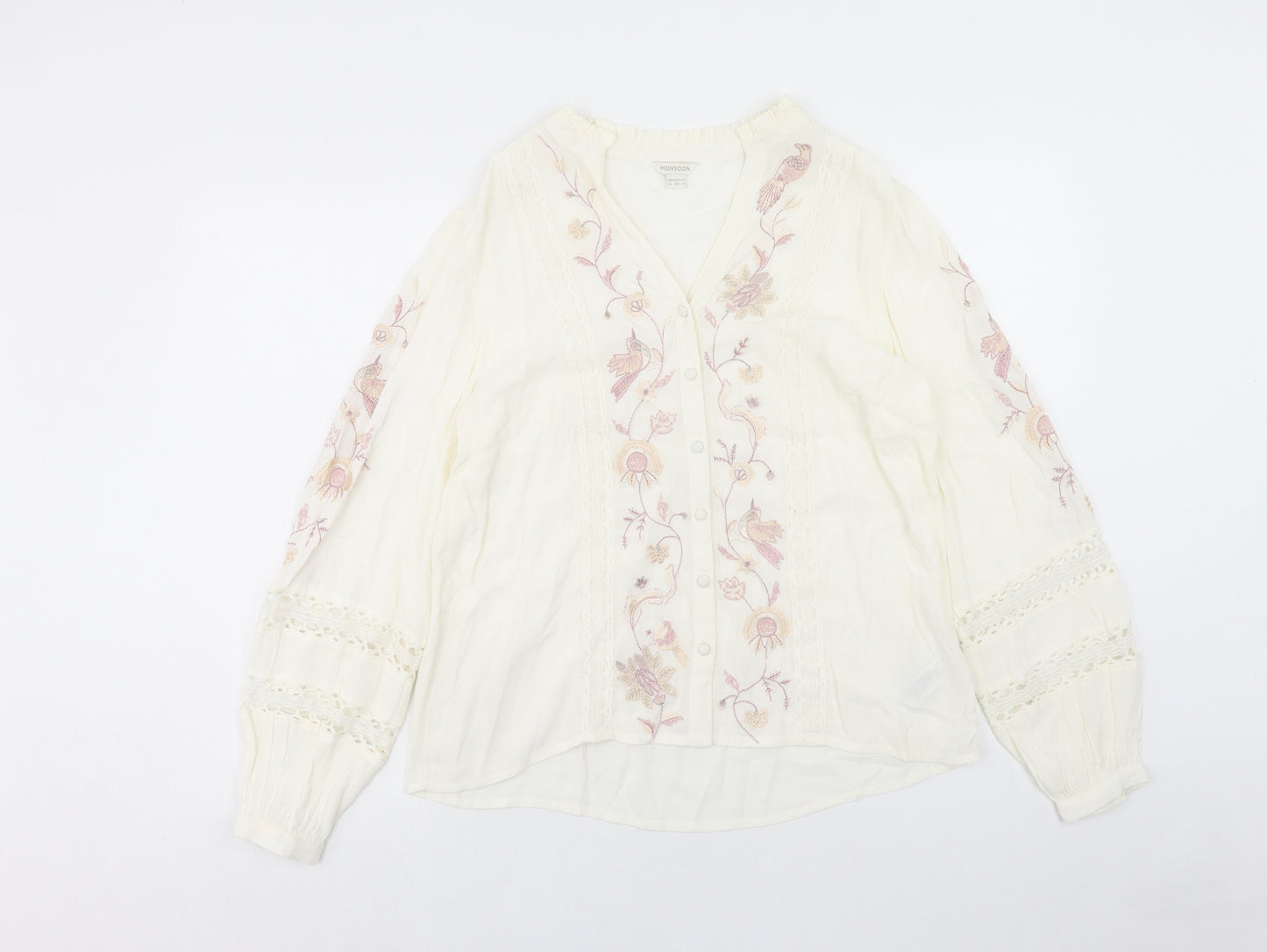 Monsoon Womens Ivory Floral Viscose Basic Blouse Size 12 V-Neck