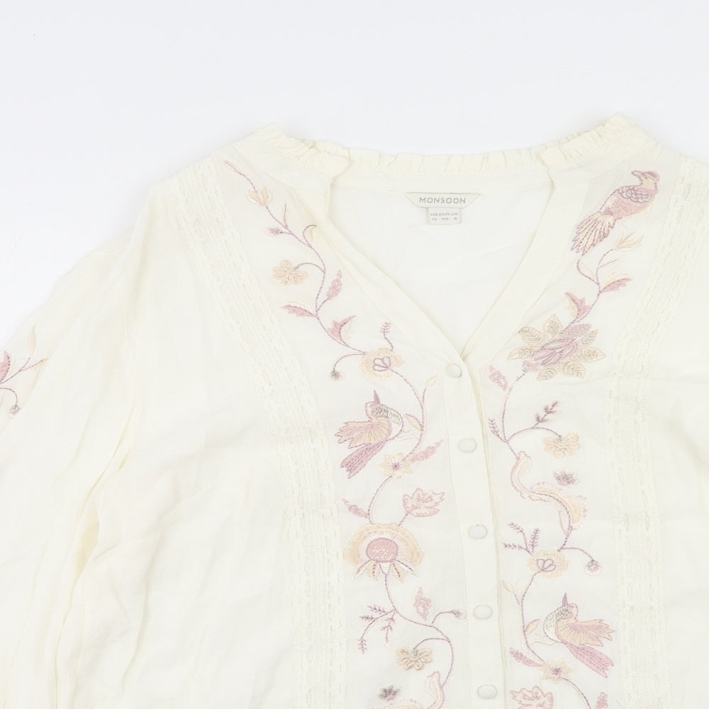 Monsoon Womens Ivory Floral Viscose Basic Blouse Size 12 V-Neck