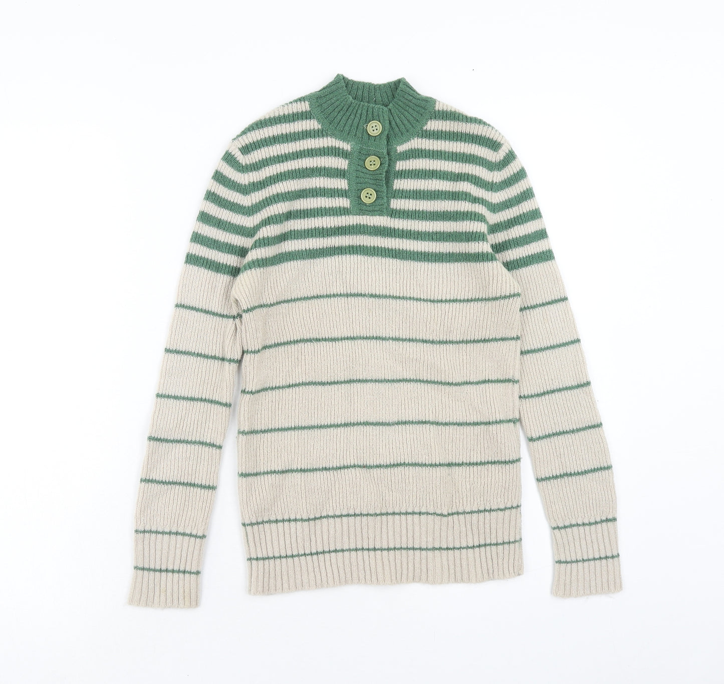Bargello Womens Green Mock Neck Striped Wool Henley Jumper Size 16