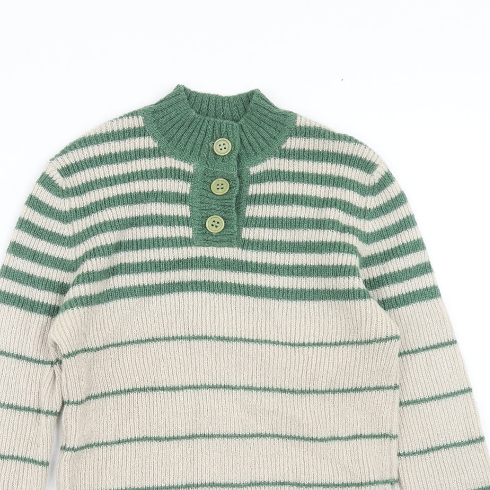Bargello Womens Green Mock Neck Striped Wool Henley Jumper Size 16