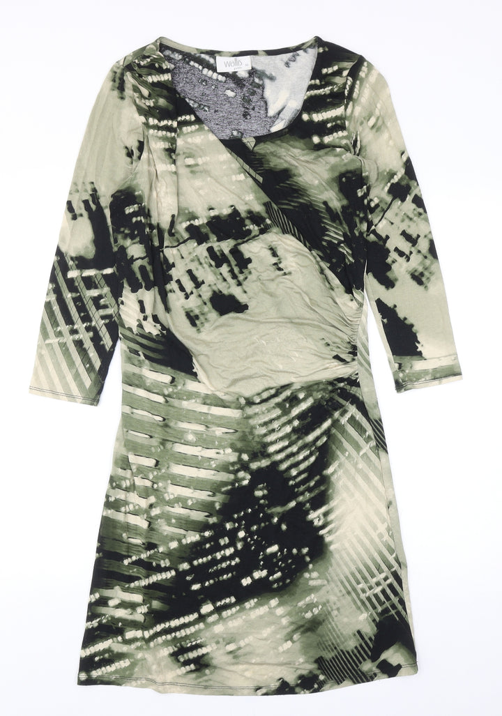 Wallis Womens Green Geometric Viscose A-Line Size 10 Boat Neck Pullover