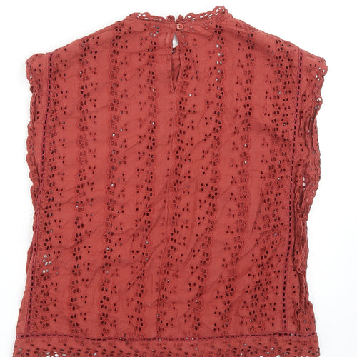 Primark Womens Orange Geometric Cotton Basic Blouse Size 8 Round Neck