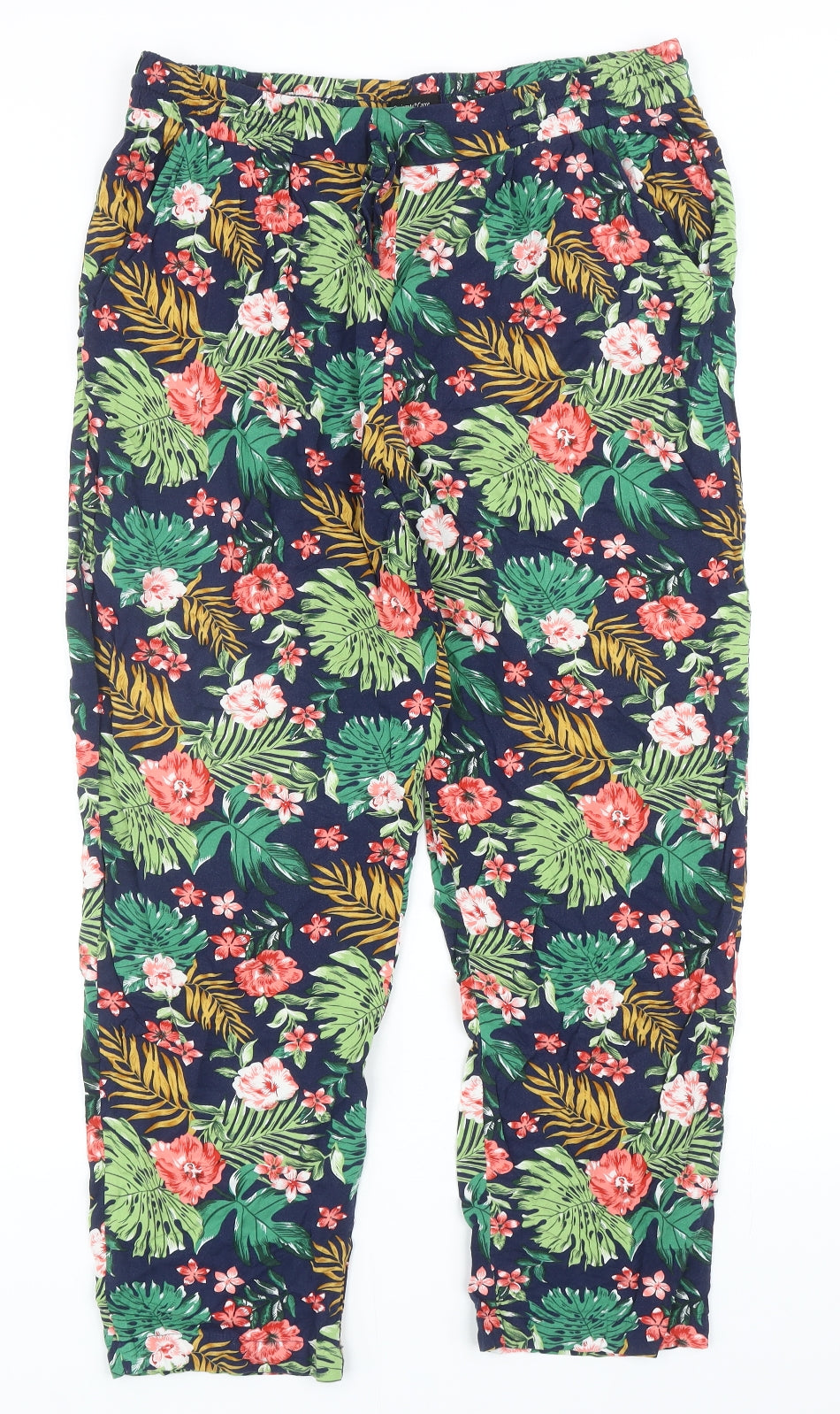 Seg'ments Luxe Womens Blue Floral Viscose Trousers Size L Regular Drawstring