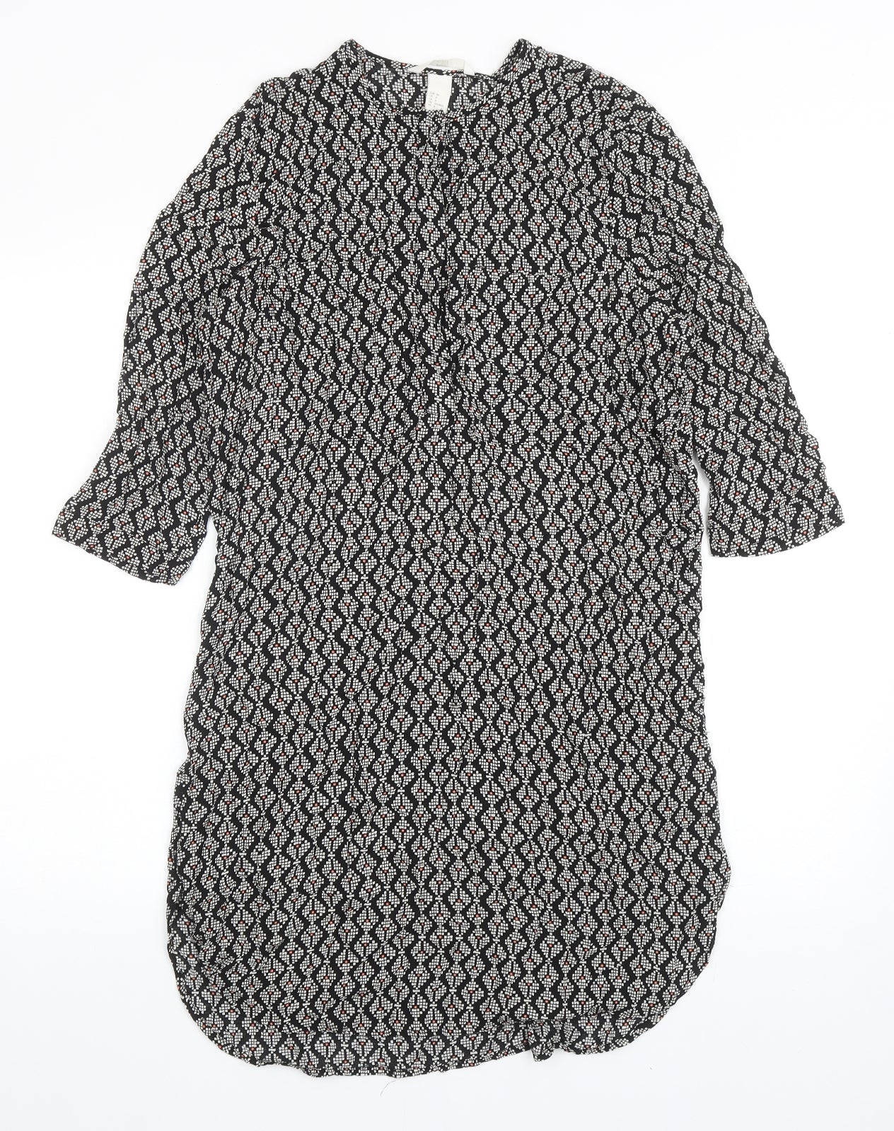 H&M Womens Black Geometric Viscose Kaftan Size 10 Round Neck Button